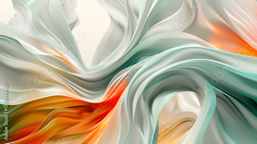 Abstrakcyjne fale przypominające tkaninę w odcieniach bieli, seledynu i pomarańczu, elegancka kompozycja graficzna © Henryk Guziak