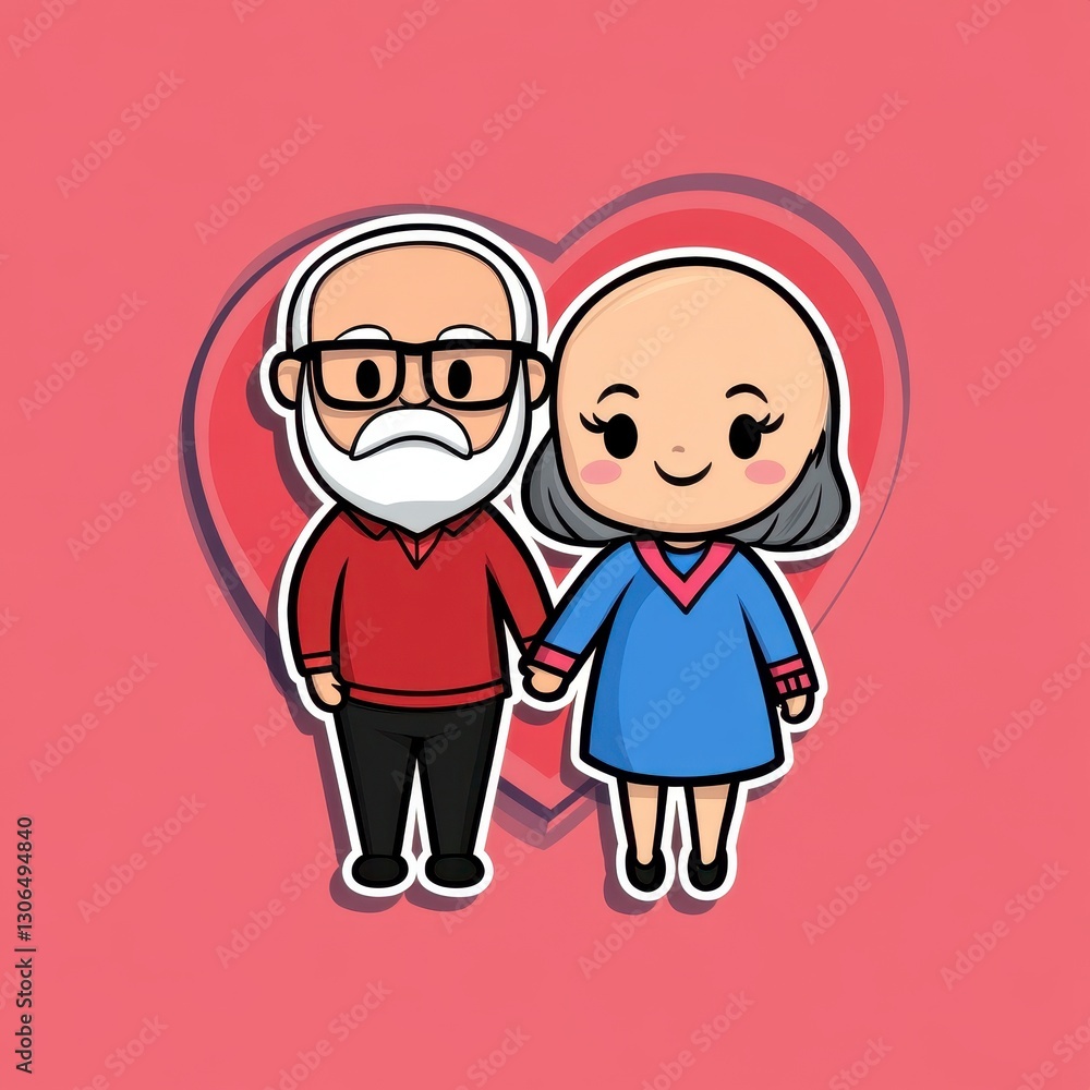 Cute Cartoon Illustration of Elderly Couple Holding Hands Against Pink Heart Background Cute Cartoon Illustration of Elderly Couple Holding Hands Against Pink Heart Background