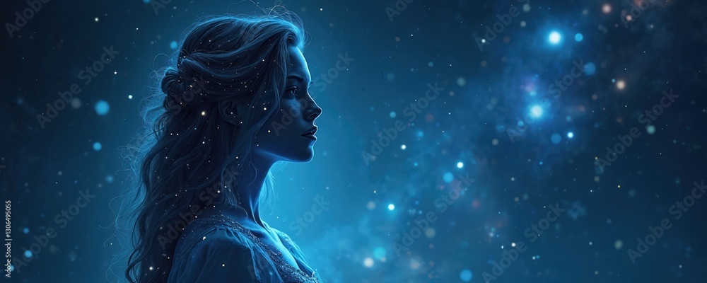 Virgo constellation as maiden in cosmic starry night. Stars in hair. Astrology zodiac sign. Maiden silhouette in starry galaxy background. Aethereal mystical astrological sign. Divine glowing light. Virgo constellation as maiden in cosmic starry night. Stars in hair. Astrology zodiac sign. Maiden silhouette in starry galaxy background. Aethereal mystical astrological sign. Divine glowing light.