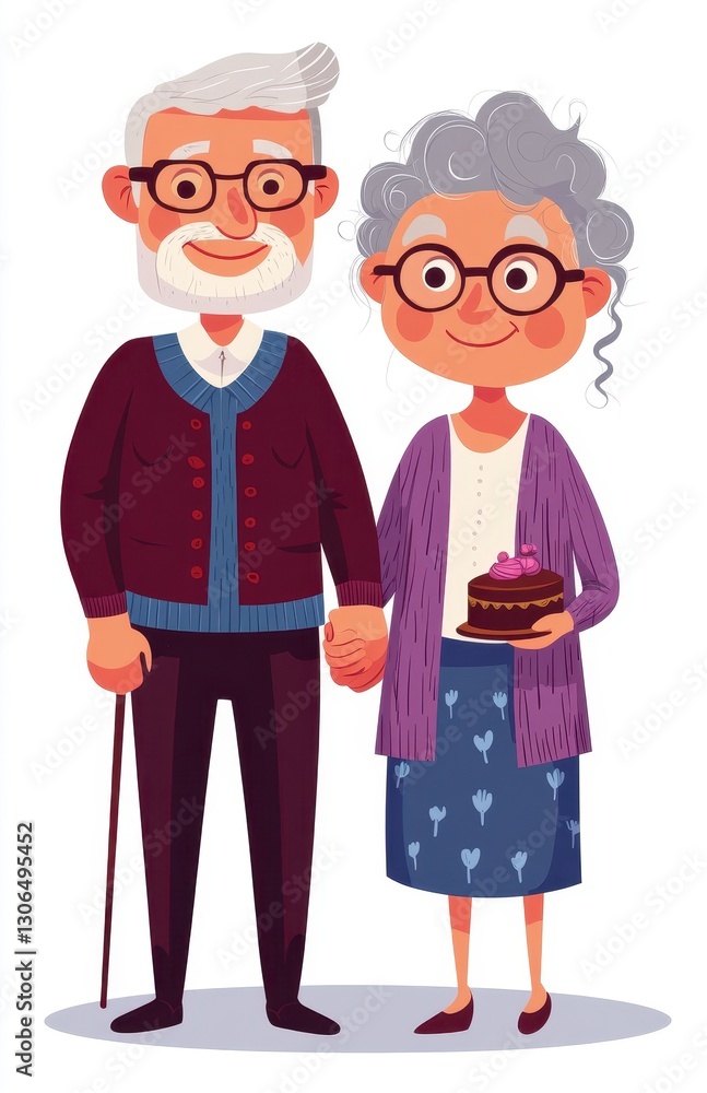 Happy Elderly Couple with Cake Cartoon Illustration Happy Elderly Couple with Cake Cartoon Illustration