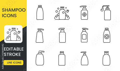 A collection of shampoo icons featuring various bottle designs, including pump dispensers, and medicated shampoo bottles, representing hygiene, hair care, and pet grooming in an editable stroke style.