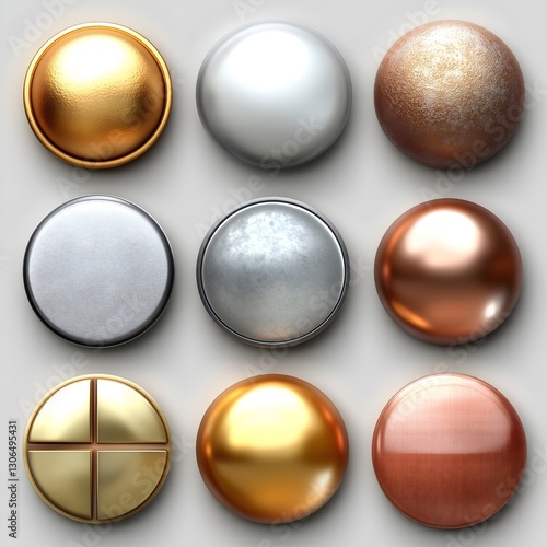 Assorted Set of Metal Buttons on White Background.