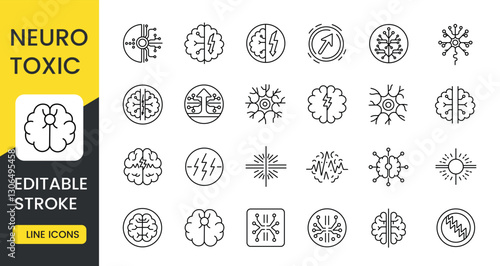 A set of vector icons representing neurotoxic effects, including brain structures, neural connections, electric impulses, and abstract toxic symbols, with an editable stroke