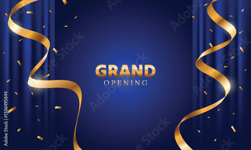 Luxury grand opening blue background with gold ribbon and curtain. Modern elegant promotional design.