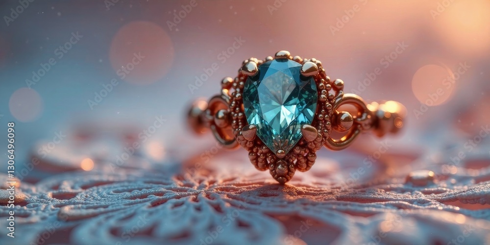A Close-Up View of an Ornate Gold Ring Featuring a Pear-Shaped Blue Gemstone, Resting on a Delicate Embossed Surface with a Soft, Warm Light A Close-Up View of an Ornate Gold Ring Featuring a Pear-Shaped Blue Gemstone, Resting on a Delicate Embossed Surface with a Soft, Warm Light