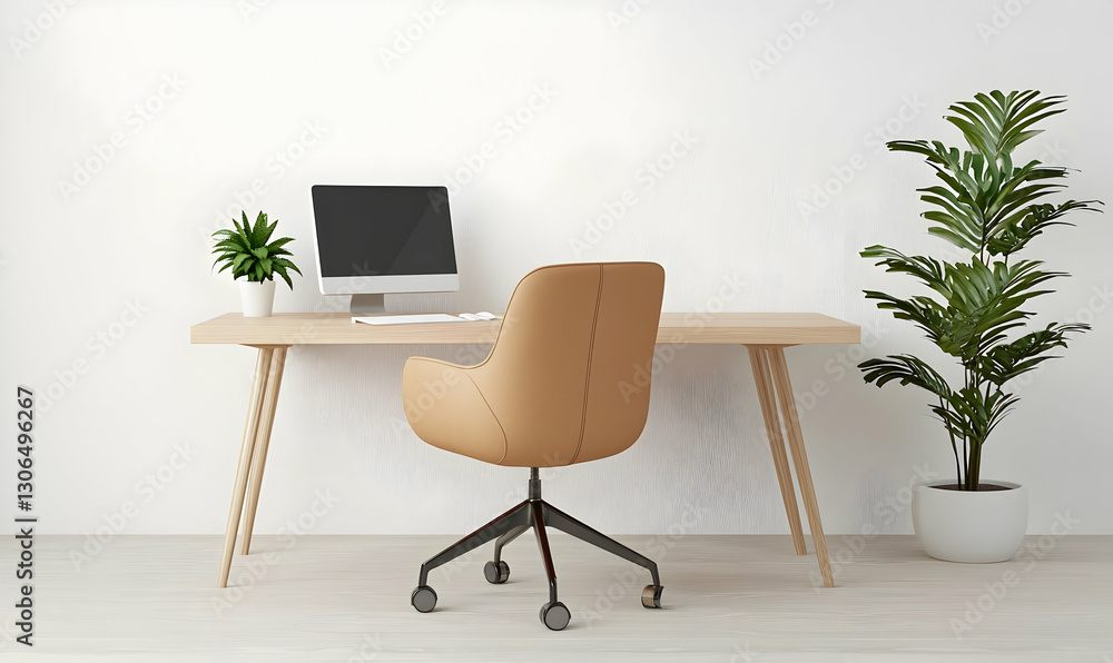 Modern Minimalist Workspace with Stylish Chair and Green Plants Modern Minimalist Workspace with Stylish Chair and Green Plants