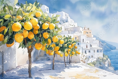 Wallpaper Mural Vibrant Citrus Grove by Coastal Village in Watercolor Style with Blue Sky Torontodigital.ca