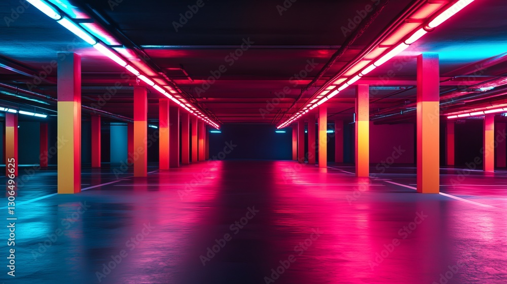 A dimly lit underground parking garage is illuminated by neon lights, creating an industrial and atmospheric setting A dimly lit underground parking garage is illuminated by neon lights, creating an industrial and atmospheric setting