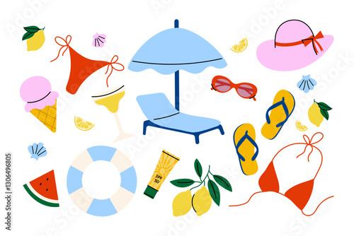 Summer beach set with swimsuit, sunglasses, flip-flops, sun hat, umbrella, cocktail, ice cream, sunscreen, lemon, lifebuoy. Flat vector illustration for vacation, travel, tropical holiday design.