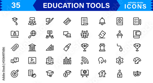 Education Tools Icon Set. High-Quality Icons for Classroom, Learning, Teaching, and Study Resources Designs