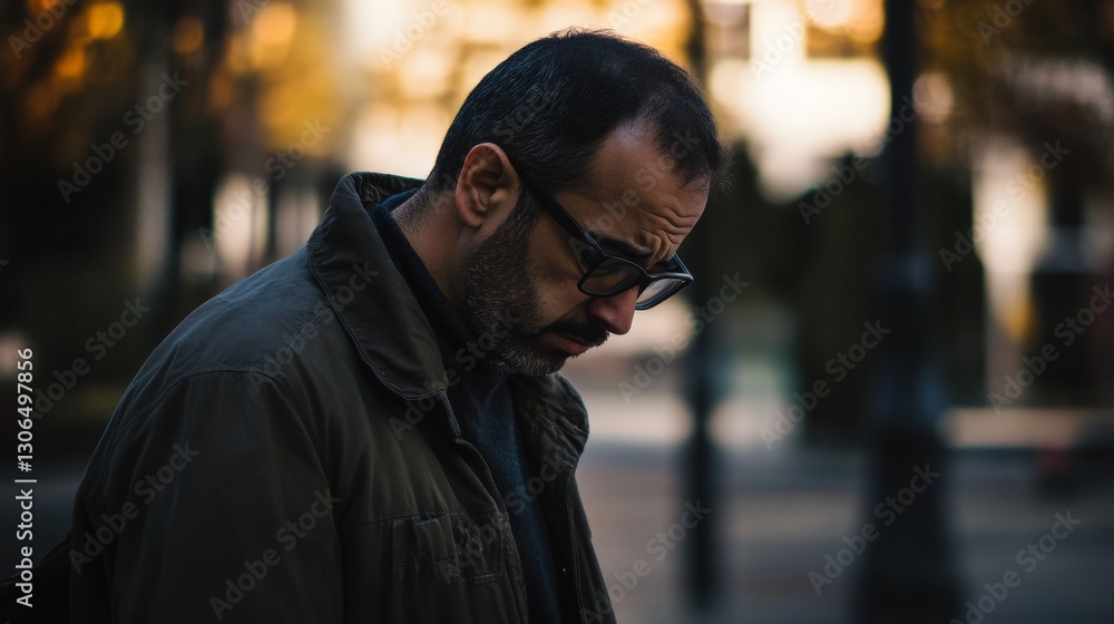 Fototapeta premium Man in Glasses Looking Down with a Somber Expression