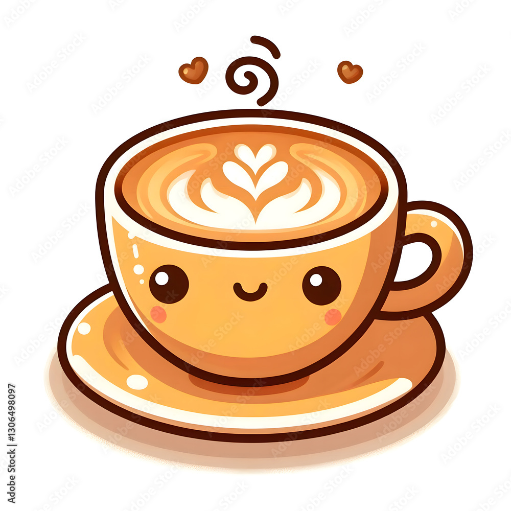 Obraz premium Whimsical latte art in a cute cup with smiling face design and heart accents on a playful saucer