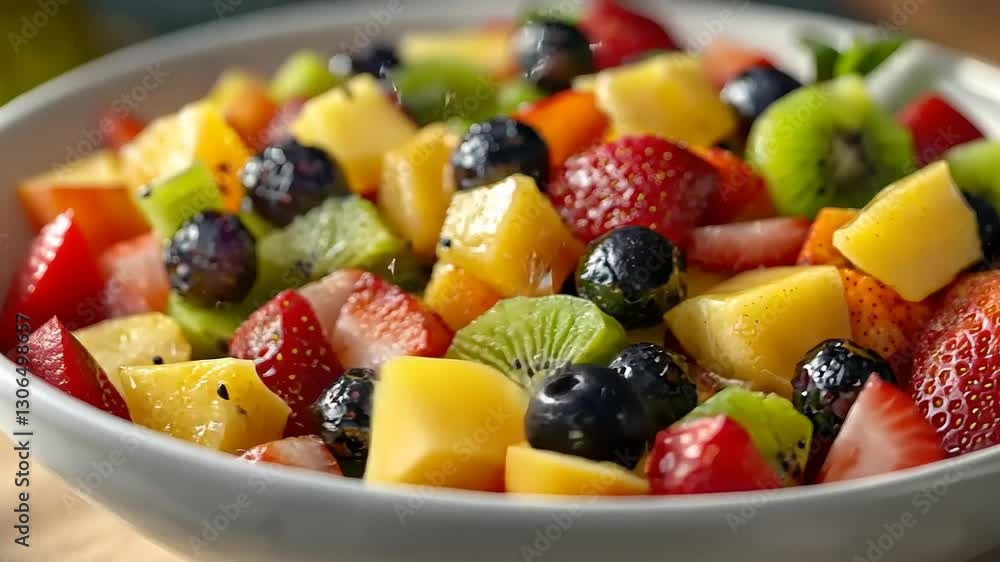 Freshly cut fruit salad featuring vibrant strawberries, kiwi, mango, and blueberries in a bowl Freshly cut fruit salad featuring vibrant strawberries, kiwi, mango, and blueberries in a bowl
