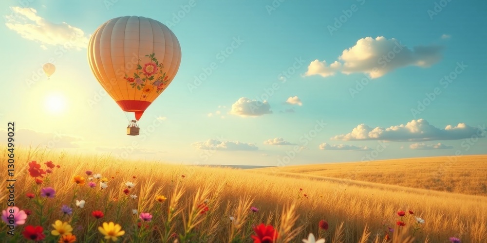 Fototapeta premium Serene Hot Air Balloon Flight Over Golden Wheat Field and Wildflowers at Sunset