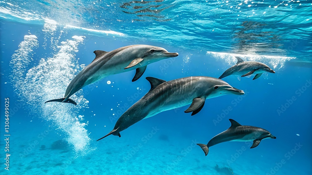 Obraz premium 4 Dolphins Swimming Underwater, Sunlit Ocean