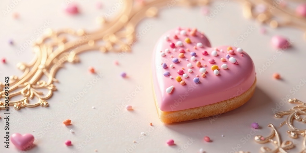 A Delicate Pink Heart-Shaped Cookie Adorned with Colorful Sprinkles, Resting on a Pale Background with Ornate Gold Accents A Delicate Pink Heart-Shaped Cookie Adorned with Colorful Sprinkles, Resting on a Pale Background with Ornate Gold Accents
