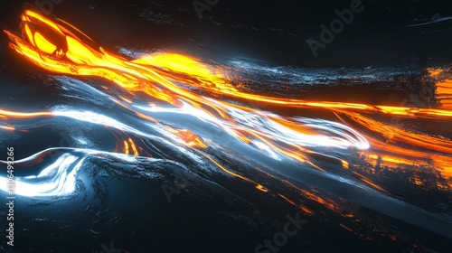 Bright neon trails of light moving across a black canvas, fluid and powerful, ultra-detailed, 8k