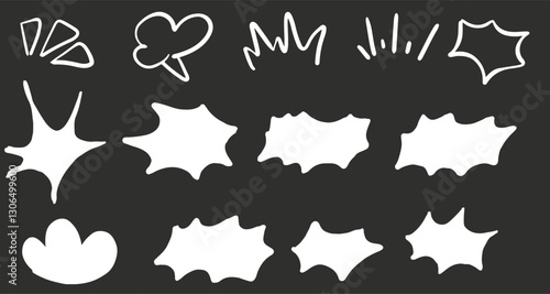 Dynamic collection of comic explosion speech bubble vector shapes, speech bubble silhouettes, and starburst designs in black. Ideal for graphic design, comic book art, pop art, & digital illustration