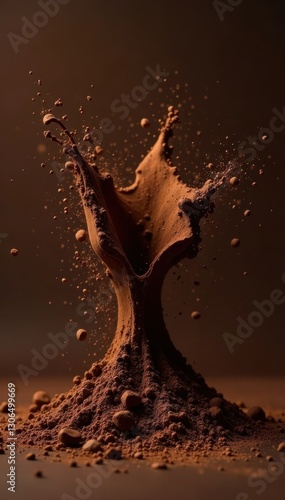 Dark chocolate powder explodes, dramatic swirling effect , abstract, dark, dust