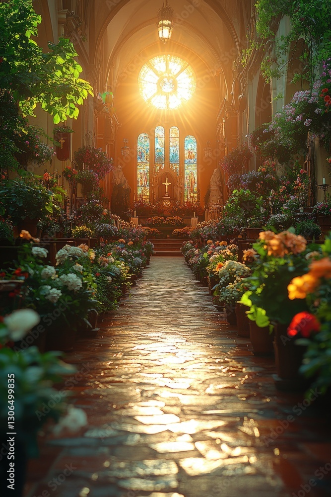 Fototapeta premium A beautiful stained glass window in a church, with sunlight shining through