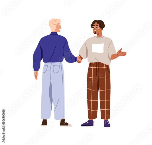 Handshake greeting. Business partners, men shaking hands for agreement. Professional people communication, conversation between colleagues. Flat vector illustration isolated on white background