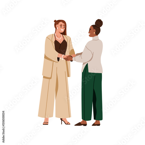 Business women greeting, meeting for professional communication. Happy smiling female partners, welcoming hand gesture, trust in relationship. Flat vector illustration isolated on white background