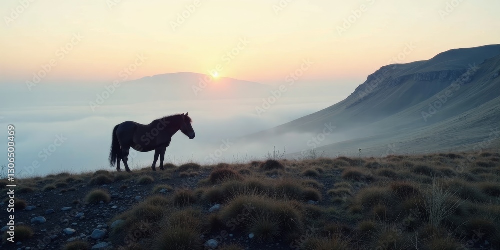 Solitary Equine at Dawn on a Misty Mountaintop, Watching the Sunrise Over Rolling Hills Solitary Equine at Dawn on a Misty Mountaintop, Watching the Sunrise Over Rolling Hills