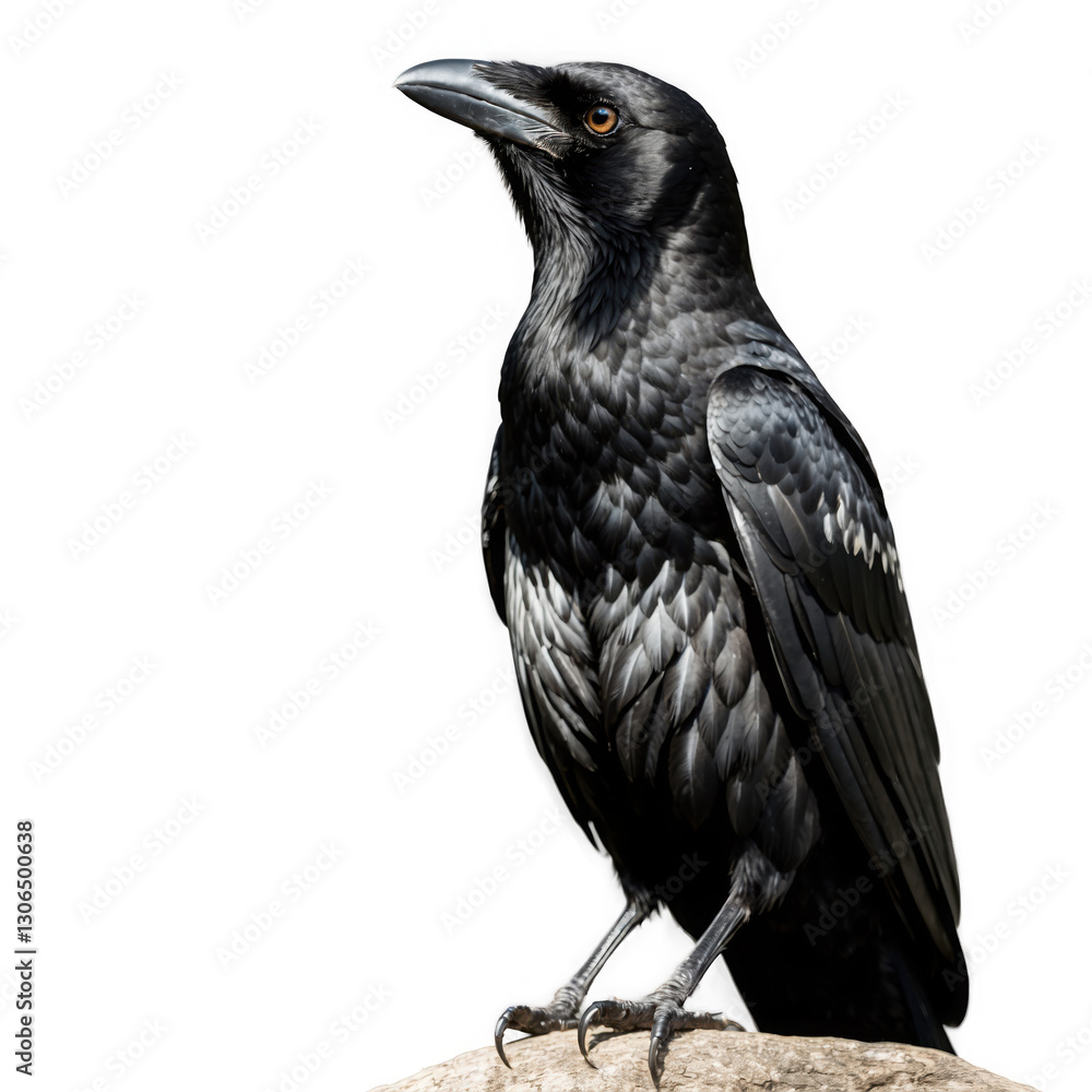 Fototapeta premium Black bird sitting on rock with transparent background, png, isolated. Dark bird with feathers looking upward.