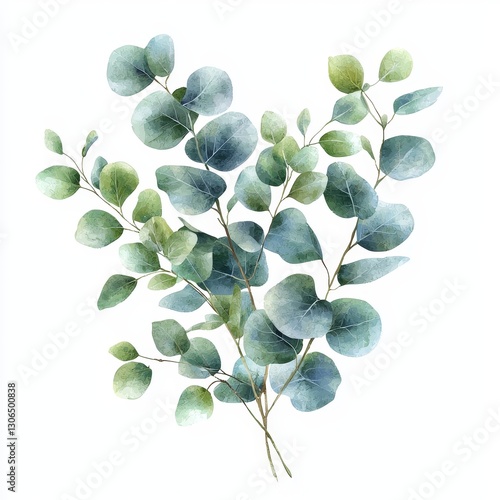 A delicate illustration of green eucalyptus leaves showcasing their rounded shapes and varying shades of blue and green against a white background.