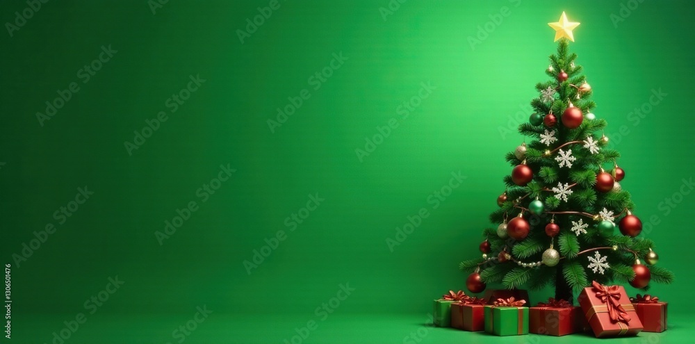 Christmas tree with ornaments and lights on a soft gradient green background, green, presents Christmas tree with ornaments and lights on a soft gradient green background, green, presents