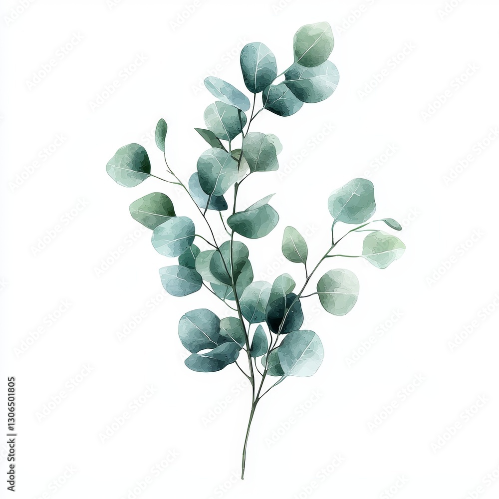 Obraz premium A delicate eucalyptus branch with soft green leaves, showcasing a minimalist and natural aesthetic against a white background.