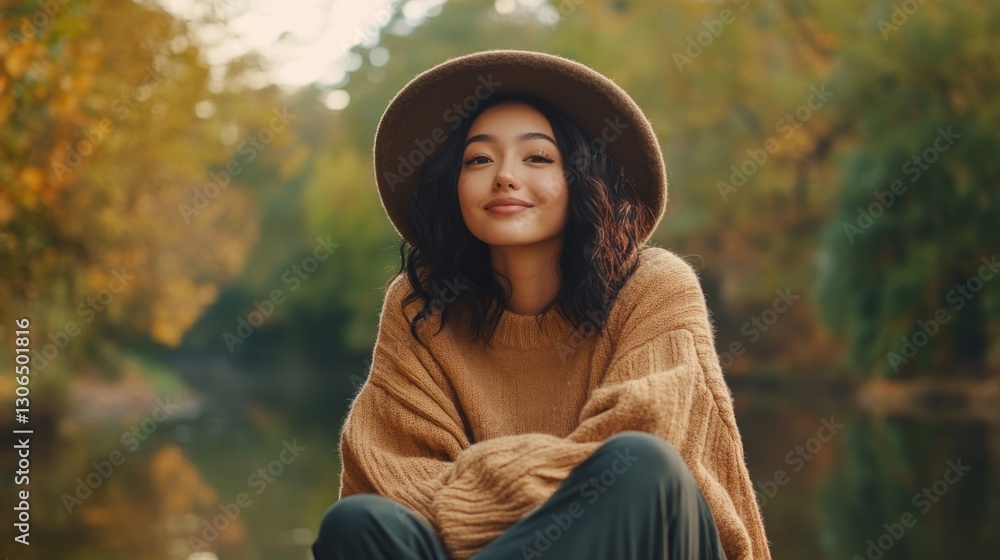 Young Woman Smiling in Autumn Outdoors Wearing a Hat Young Woman Smiling in Autumn Outdoors Wearing a Hat