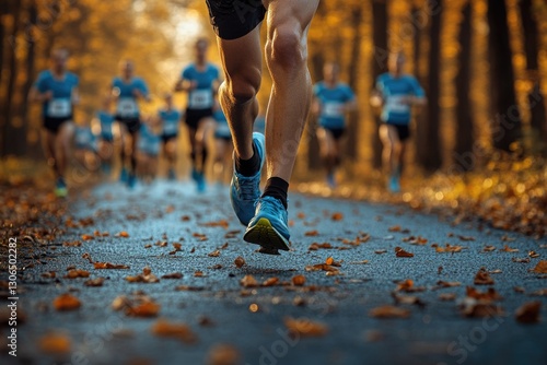 Group of people running through dense forest