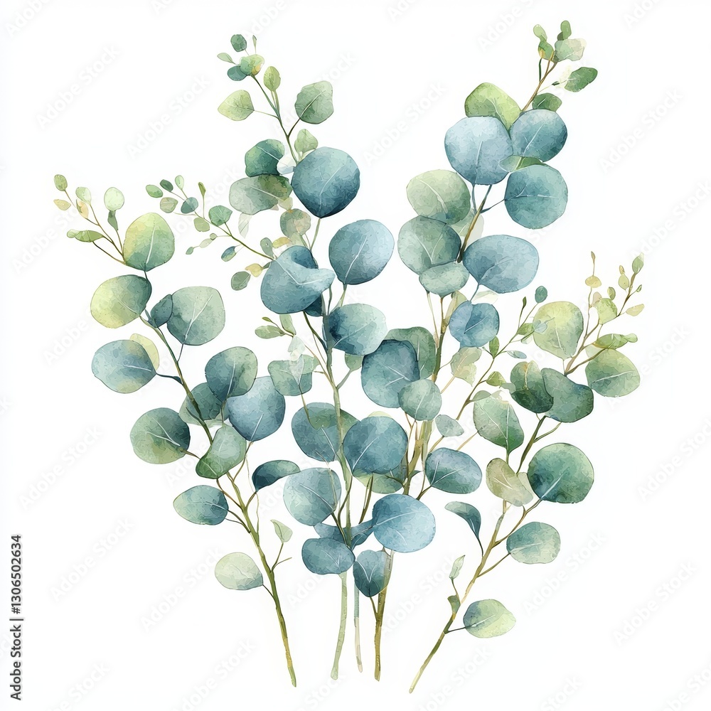 Obraz premium A beautiful watercolor illustration featuring a cluster of green and blue eucalyptus leaves on a white background.