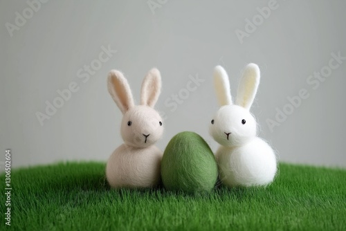 Two rabbits are sitting on a green grassy field with an egg in between them. The scene is peaceful and serene, with the rabbits looking at the egg with curiosity