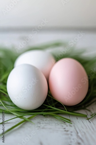 Three eggs are sitting on a bed of grass. The eggs are white and pink. The grass is green and the eggs are arranged in a row