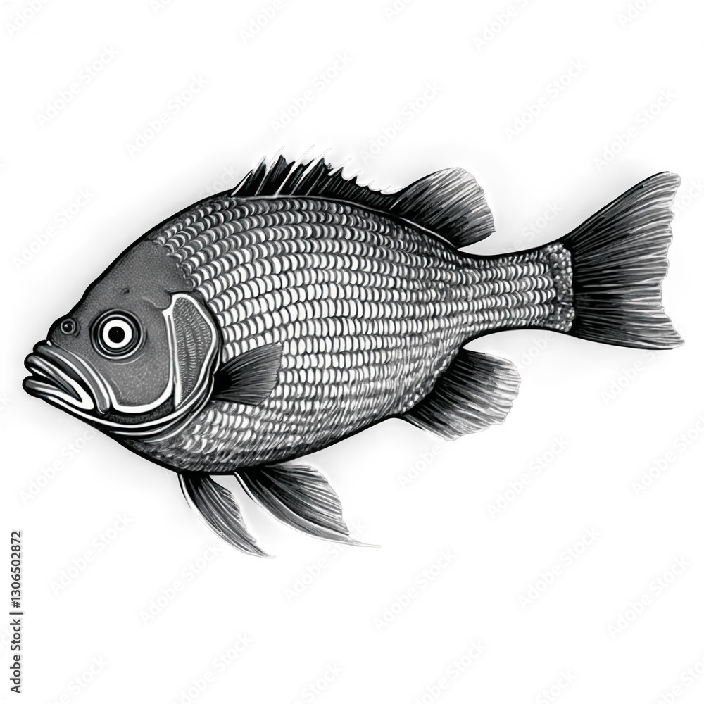 Obraz premium Gray Fish Illustration. Fish with Scales and Fins. Monochrome Style. Drawing of Fish, transparent, png, isolated.