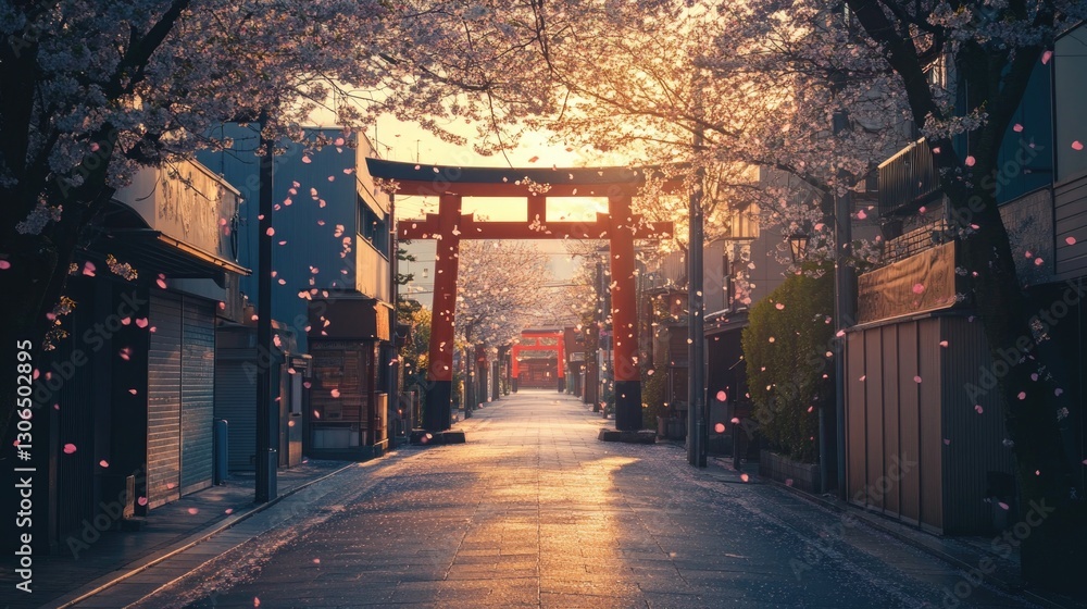 Fototapeta premium A beautiful street scene with a traditional red gate