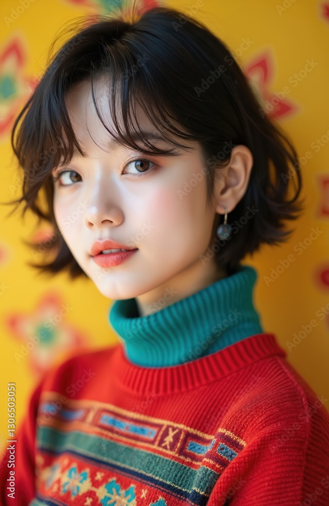Portrait of young asian woman with bob haircut and sweater looking at camera. Korean beauty female with stylish makeup. K-pop star wears warm winter clothes at photo shoot indoors. Portrait of young asian woman with bob haircut and sweater looking at camera. Korean beauty female with stylish makeup. K-pop star wears warm winter clothes at photo shoot indoors.