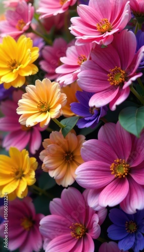 Vibrant pink, purple, yellow & green floral wallpaper Petals overlap, creating depth , floral art, nature, background