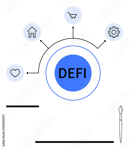 Central DEFI element linked to icons of house, cart, heart, and gear, symbolizing finance, commerce, housing, technology and community. Ideal for fintech blockchain innovation modern finance