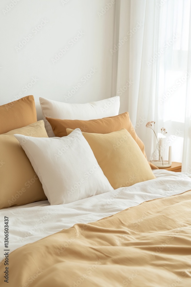 A bed with a white comforter and yellow pillows. The pillows are arranged in a way that creates a cozy and inviting atmosphere A bed with a white comforter and yellow pillows. The pillows are arranged in a way that creates a cozy and inviting atmosphere