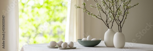 A table with a vase of flowers and a bowl of eggs. The table is set for a special occasion