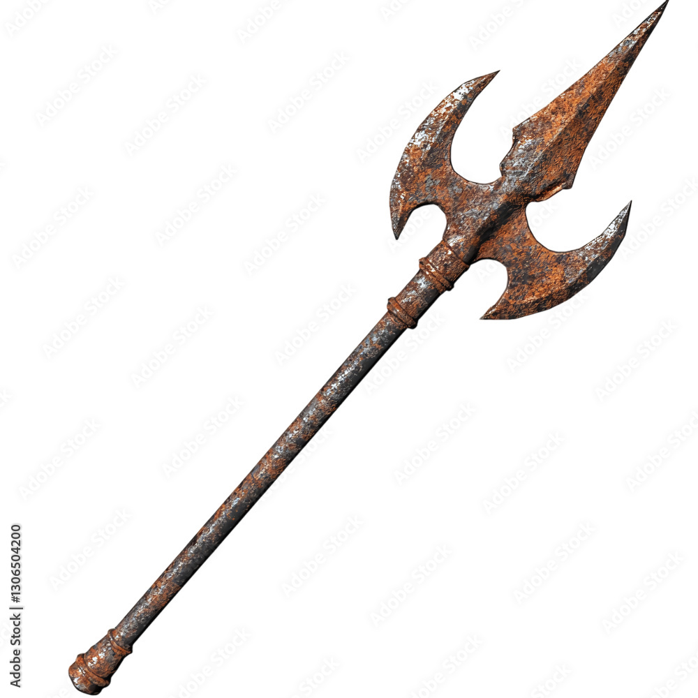 Abandoned gladiators trident with battle-worn edges, isolated on transparent background. Abandoned gladiators trident with battle-worn edges, isolated on transparent background.