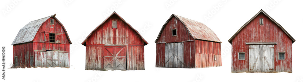 Collection of Rustic Red Barns with Weathered Wood and Unique Roofs, Isolated on Transparent Background Collection of Rustic Red Barns with Weathered Wood and Unique Roofs, Isolated on Transparent Background
