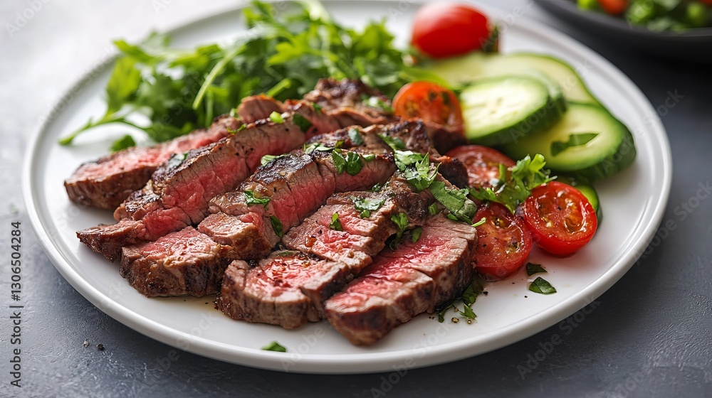 Delicious Succulent Steak Accompanied by Fresh Colorful Vegetables on a Rustic Table Setting Delicious Succulent Steak Accompanied by Fresh Colorful Vegetables on a Rustic Table Setting
