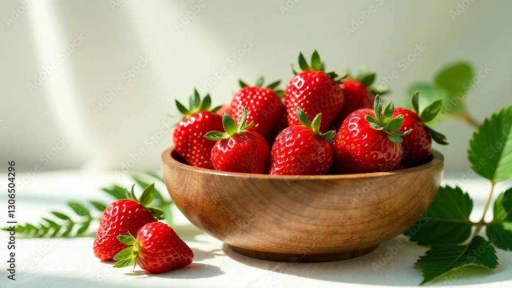A wooden bowl brimming with sun-drenched, ripe strawberries, accompanied by two additional strawberries resting on a soft surface, illuminated by natural light. A wooden bowl brimming with sun-drenched, ripe strawberries, accompanied by two additional strawberries resting on a soft surface, illuminated by natural light.