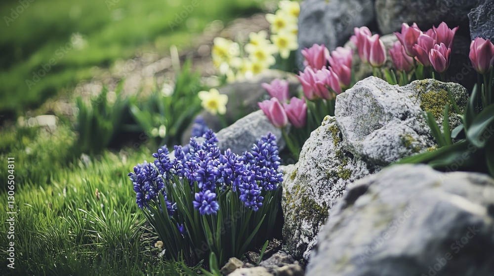 Obraz premium Spring Garden with Colorful Tulips and Hyacinths – Floral Landscape Beauty