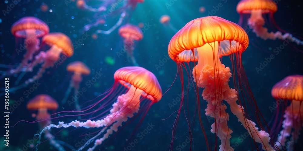 Ethereal Glow A Symphony of Orange and Pink Jellyfish Dancing in the Deep Ocean's Embrace Ethereal Glow A Symphony of Orange and Pink Jellyfish Dancing in the Deep Ocean's Embrace