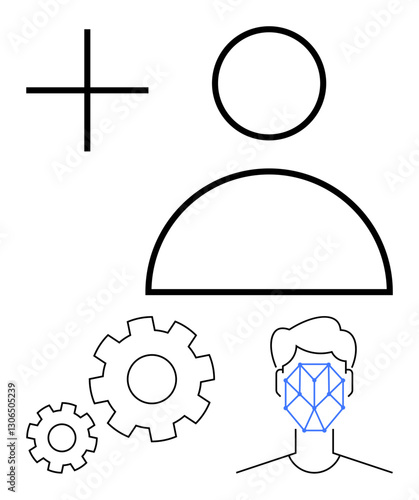 User profile outline, facial recognition lines, plus sign, gears symbolizing account creation, identity authentication, technology, automation, security. Ideal for tech AI UX data identity